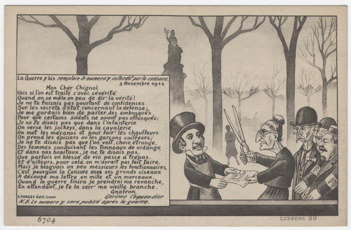 Guignol et la guerre 7bis remplace le n°7 interdit par la censure, 2 novembre 1914, Dessin J. Coulon, texte J. Coquandier; Lyon Edts S. Farges, n°6704 - 4fi/4911