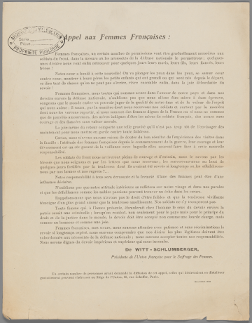 Appel aux femmes françaises sur la conduite à tenir lors du retour des hommes en permission. Marguerite de Witt-Schlumberger, présidente de l'Union française pour le suffrage des femmes, 1915 - 5FIP/19