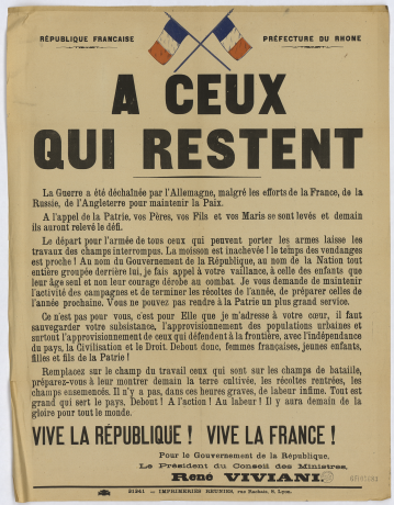 Appel de Réné Viviani, Président du Conseil des ministres, à ceux qui restent, 1914 - 6fi/5683