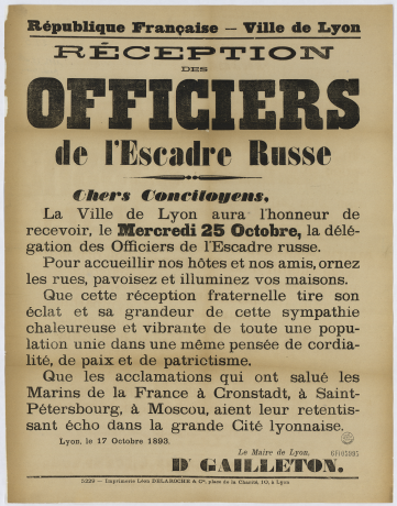 Affiche appelant les Lyonnais à célébrer le passage de l’escadre russe, 17 octobre 1893 - 6FI/5995
