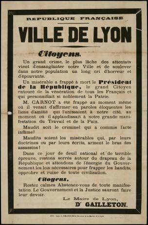 Assassinat du président Carnot, appel au calme du Dr Gailleton, maire de Lyon (1894, cote 7FI/3444)