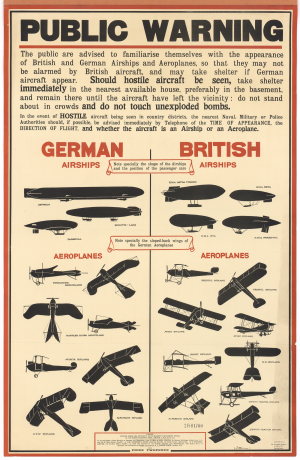 Avertissement public pour se familiariser avec les silhouettes des avions anglais et allemands. Affiche éditée par le gouvernement britannique, 1915 - 2fi/1700