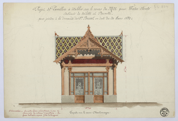 W comme Water-closet - Projet de pavillon à établir sur le cours du Midi pour water-closets et buvette, demande de M. Basset, 1882, 3S/834