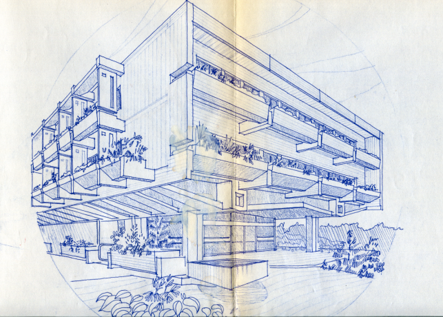 156II/60, esquisse réalisée pour le siège social de la Société Lyonnaise des Habitations à Loyers Modérés (SLHLM), 67 rue Audibert et Lavirotte (1975).