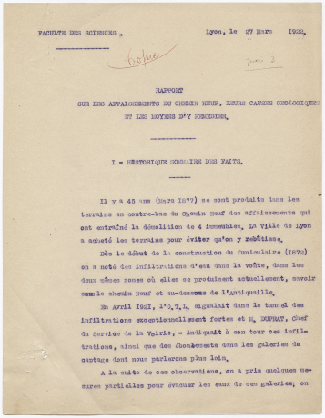 Copie du rapport sur les affaissements du Chemin-Neuf, 27 mars 1922 937 WP 1 