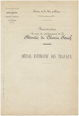 Devis estimatif pour la reconstruction du mur de soutènement, sans date. 937 WP 1