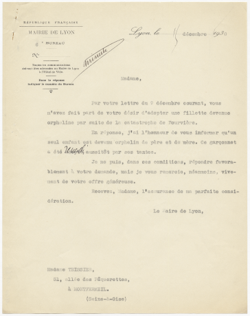 Réponse de la mairie à une demande d’adoption d’une orpheline de la catastrophe, 15 décembre 1930. 1140 WP 68