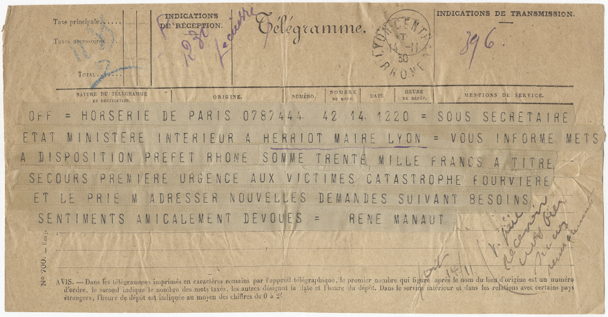 Télégramme du ministère de l’intérieur débloquant des fonds pour le secours aux victimes, 14 novembre 1930. 1140 WP 68