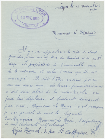 Proposition de logement par un particulier pour les victimes de la catastrophe, 15 novembre 1930. 1140 WP 68