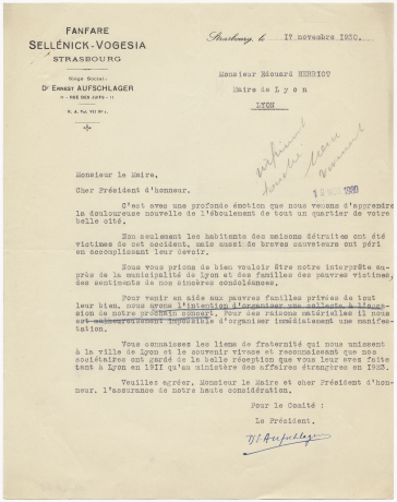 Proposition d’une collecte de fonds par une fanfare de Strasbourg pour venir en aide aux victimes, 17 novembre 1930. 1140 WP 68