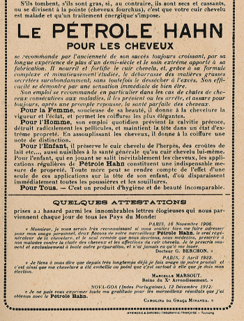 Publicité écrite pour le Pétrole Hahn 