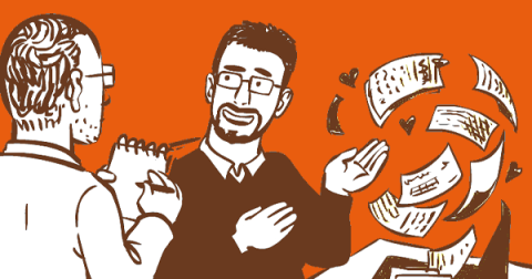 Dessin d'un lecteur consultant une boite d'archives par Erwann Surcouf